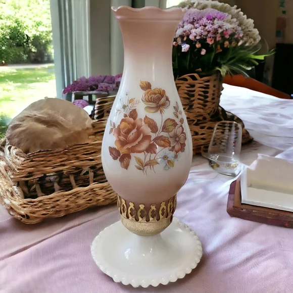 Milk Glass Hurricane Lamp Boudoir Bedside Table Light Floral Hobnail Edge Vtg. - Picture 16 of 16